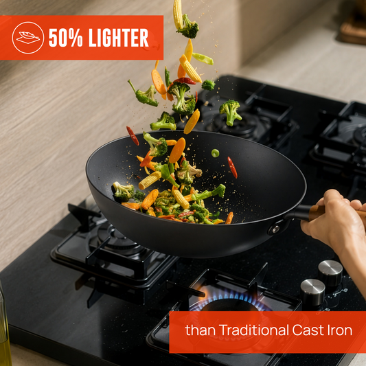 Metal spatula used in Kroslo cast iron cookware — scratch resistant