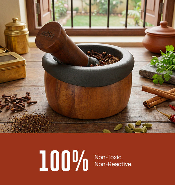 Kroslo cast iron mortar and pestle, angled view showing the cast iron grinding rim