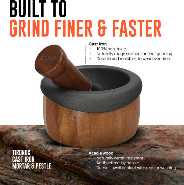 Kroslo cast iron mortar and pestle, close view of the wooden pestle
