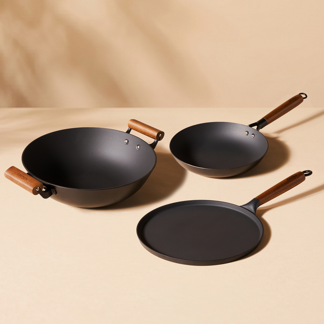 Kroslo three-piece cast iron set: kadhai, fry pan and dosa tawa with acacia wood handles